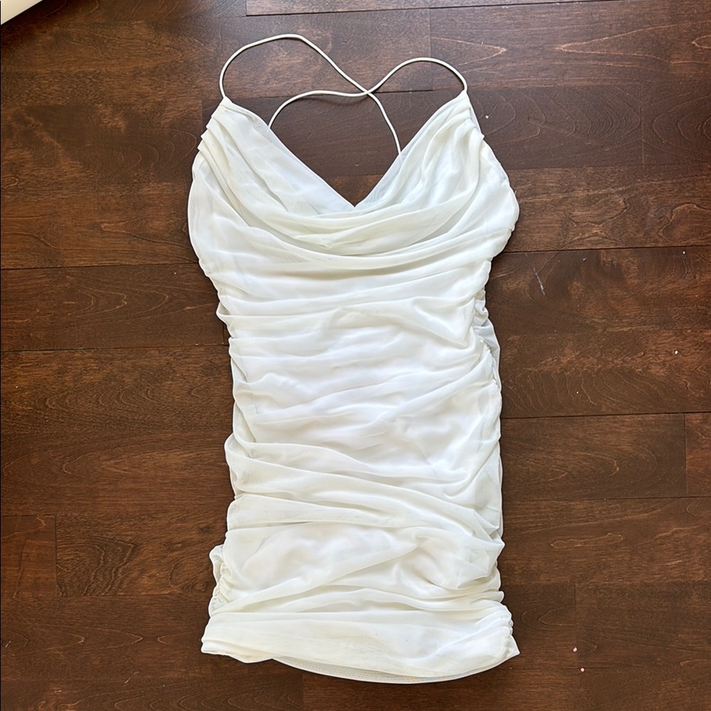 New White Ruched Cowl Neck Mini Slip Dress